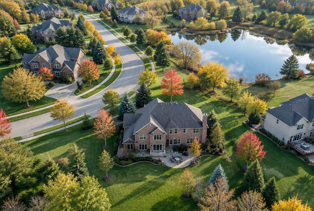 Aerial view of a two-story home with a backyard pool and landscaped yard in Carmel, Indiana