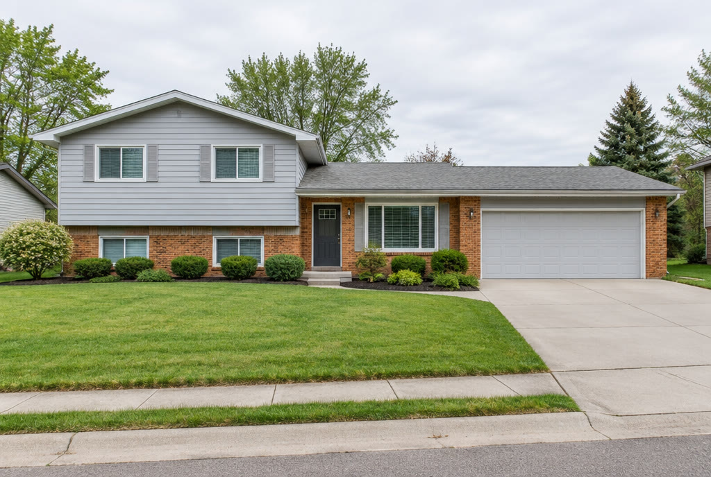 Blue-gray split-level home with a green front lawn in Carmel, Indiana
