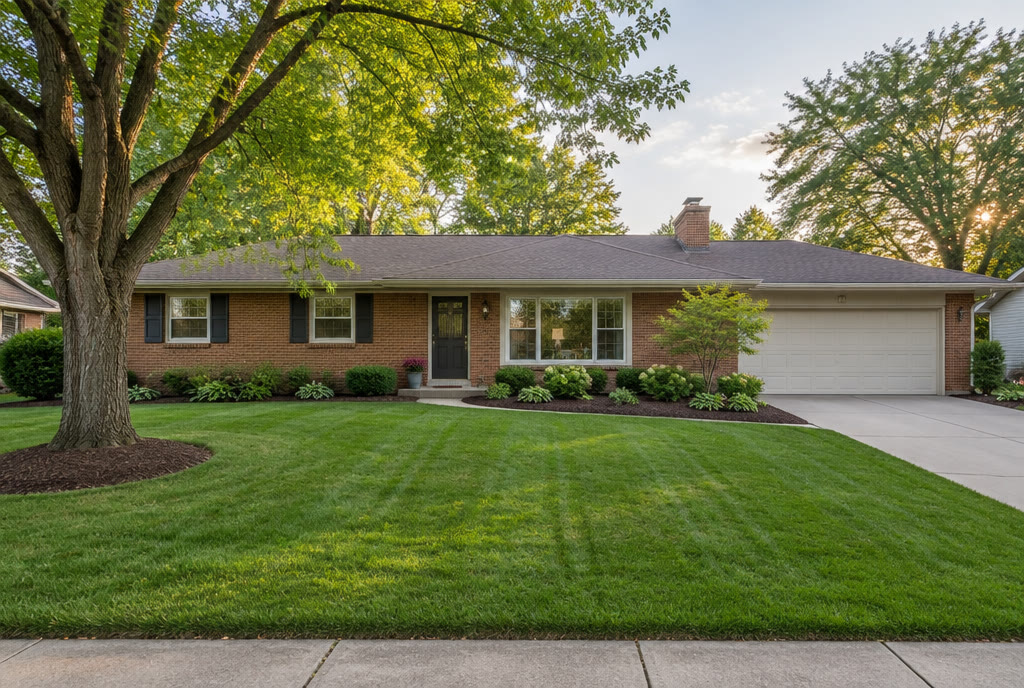 Yellow ranch home with a wood deck under mature trees in Papillion, Indiana